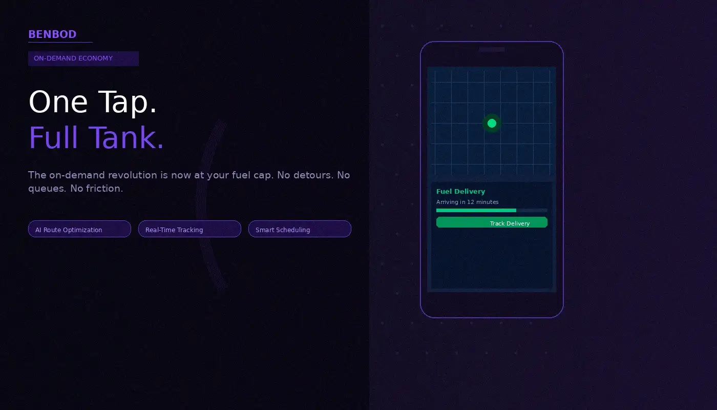 One Tap, Full Tank - Modern fuel delivery app interface showing real-time tracking and smart scheduling